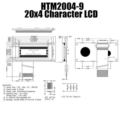 Endüstriyel HTM2004-9 için 4X20 Beyaz İnce Karakterli LCD Modülü