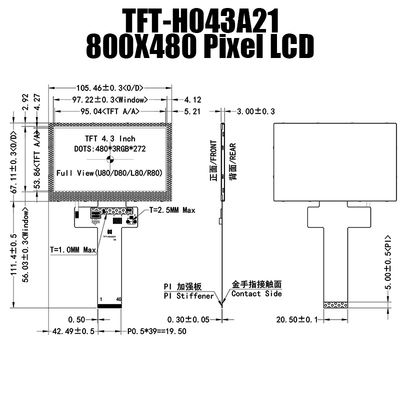 480x272 Renkli 4,3 İnç TFT LCD Ekran Modülü Güneş Işığında Okunabilir TFT-H043A21WQISTKN40