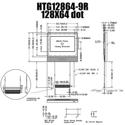 128X64 MCU LCD COG Modülü, Cam LCD Ekranda IC 7565R Yonga HTG12864-9R