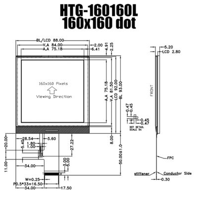 160X160 Kare COG LCD Modülü FSTN Ekran, Yan Beyaz Aydınlatmalı HTG160160L
