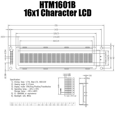 16x1 Tek Renkli LCD Ekran Modülü, S6A0069 Küçük LCD Modülü HTM1601B