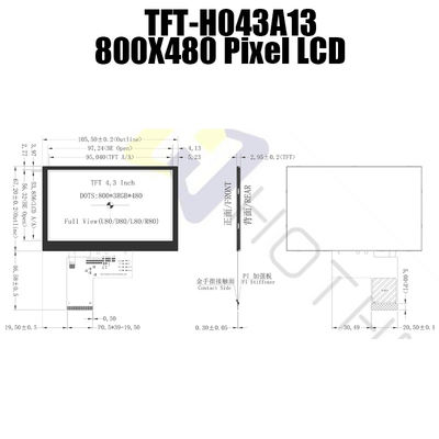 800x480 LVDS 4,3 İnç TFT Ekran Güneş Işığında Okunabilir TFT-H043A13SVIST6N40