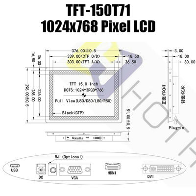 15.0 İnç Pcap Monitör HDMI LCD Ekran 1024x768 IPS TFT LCD Ekran Modülü