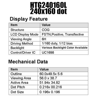 18PIN 240x160 COG LCD Modülü UC1698 Yandan Beyaz Arkadan Aydınlatmalı HTG240160L